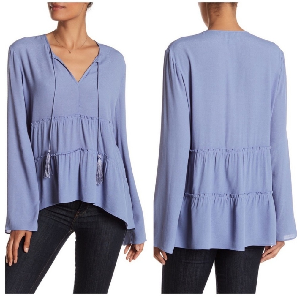 Marchesa Rose Tie Neck Boho Ruffle Blouse S Blue V Neck Long Sleeve